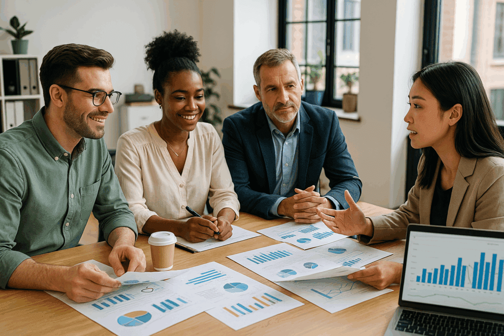 Marketing team discussing month to month plans